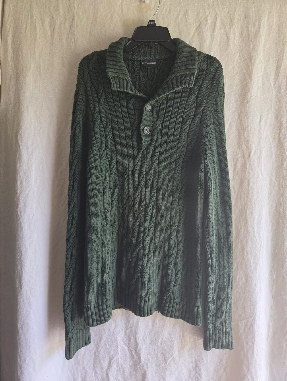 Banana Republic Sweater Mens Large Green Cable Knit Mockneck Pullover Cotton